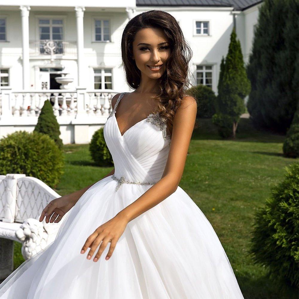 NumberSea Ball Gown Wedding Dress Sexy Beading Spaghetti Straps V Neck Ruched Backless Wedding Dresses Vestido De Novia