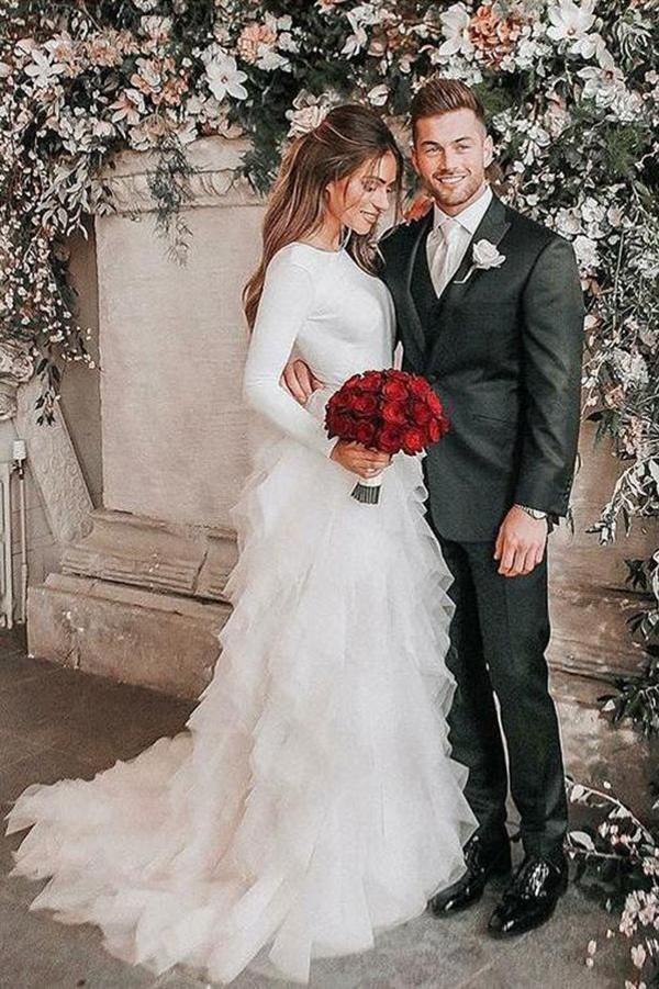 NumberSea Bateau A-Line Long Sleeves High Neck Ruffles Tulle Elegant Wedding Dress,MW430