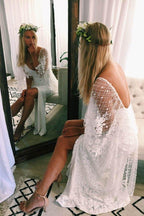 NumberSea Batwing Sleeve Lace Rustic Wedding Dresses Ivory Sheath Boho Wedding Dresses,MW407