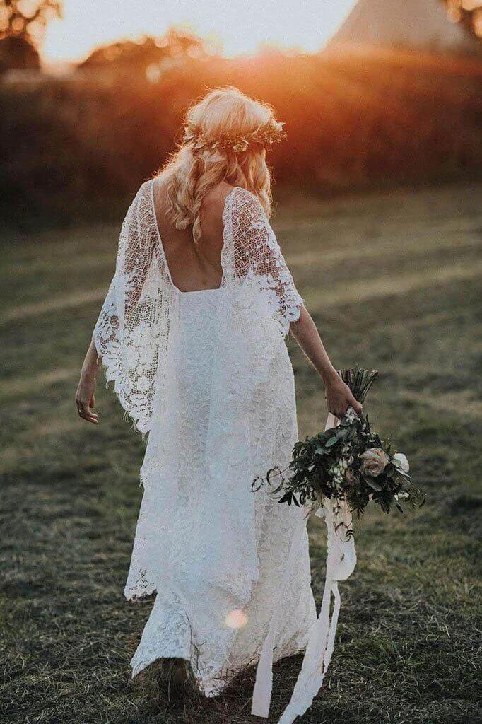 NumberSea Batwing Sleeve Lace Rustic Wedding Dresses Ivory Sheath Boho Wedding Dresses,MW407