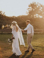 NumberSea Batwing Sleeve Lace Rustic Wedding Dresses Ivory Sheath Boho Wedding Dresses,MW407