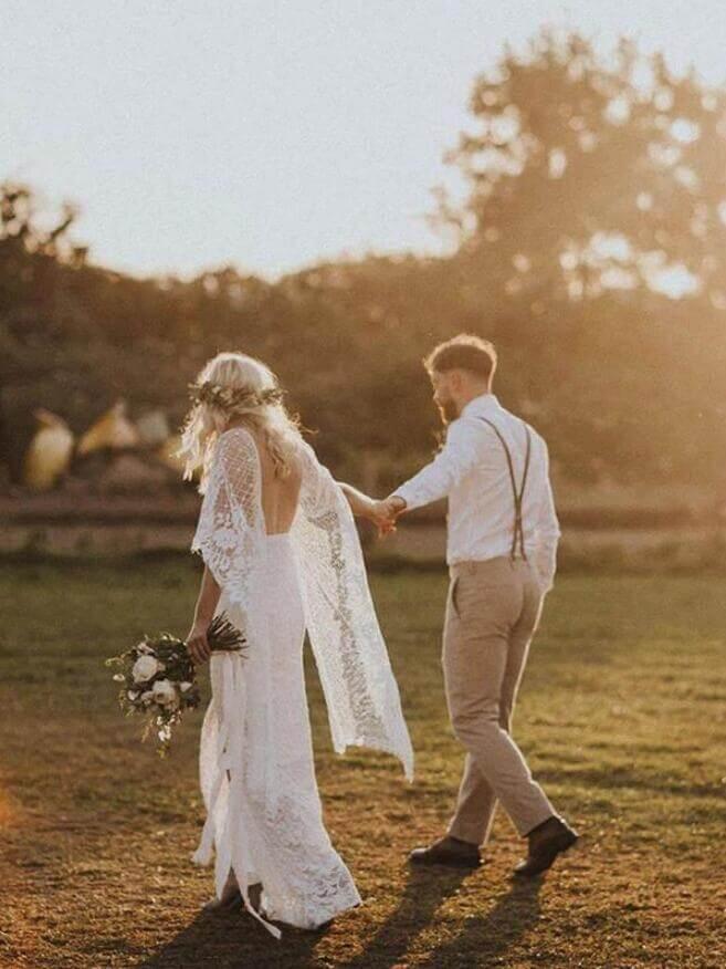 NumberSea Batwing Sleeve Lace Rustic Wedding Dresses Ivory Sheath Boho Wedding Dresses,MW407