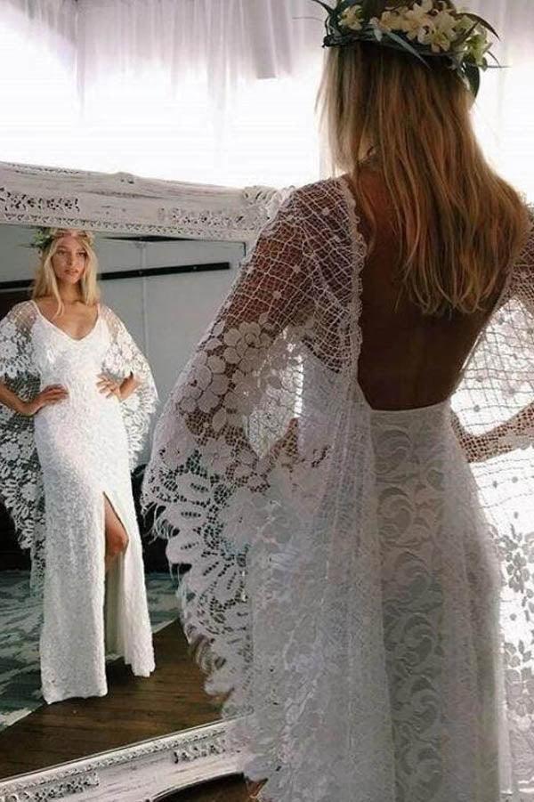 NumberSea Batwing Sleeve Lace Rustic Wedding Dresses Ivory Sheath Boho Wedding Dresses,MW407