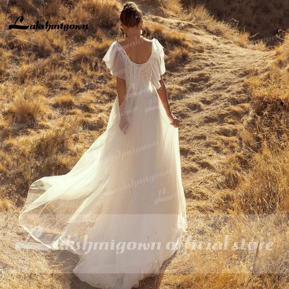 NumberSea Beach Boho O Neck Lace Sleeveless Wedding Dresses