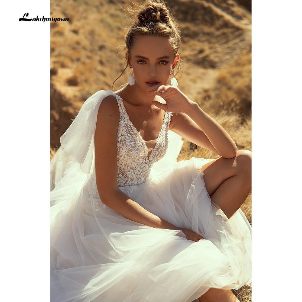 NumberSea Beach Boho O Neck Lace Sleeveless Wedding Dresses