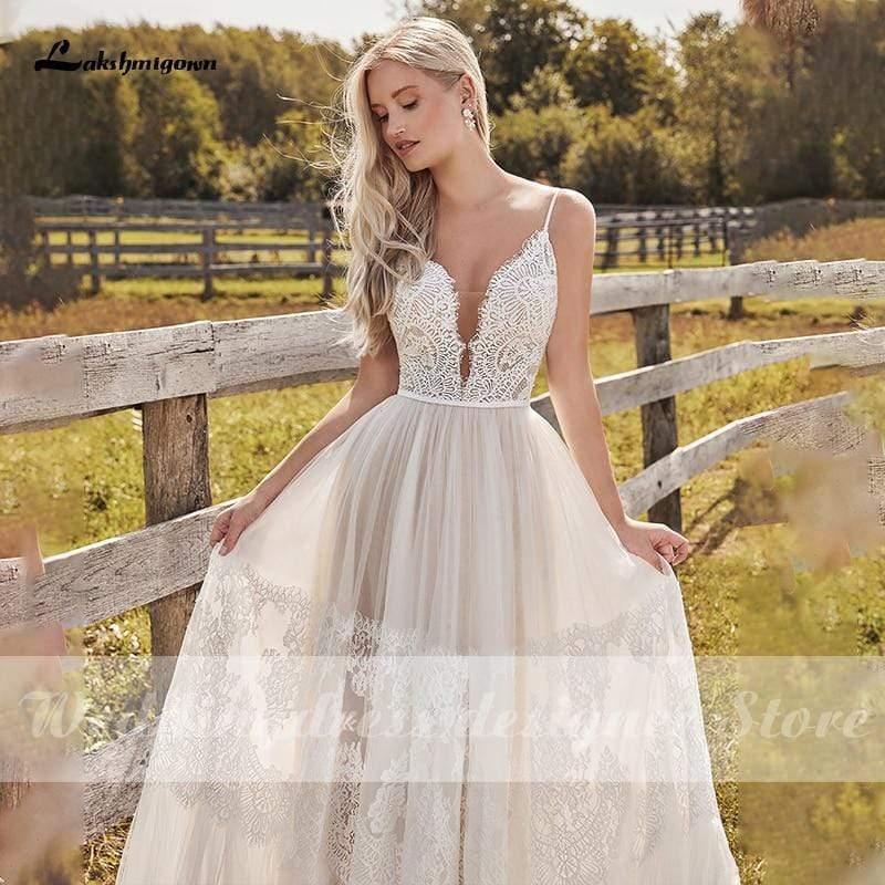 NumberSea Beach Lace A Line Wedding Dresses with Spaghetti Straps Backless
