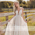 NumberSea Beach Lace A Line Wedding Dresses with Spaghetti Straps Backless