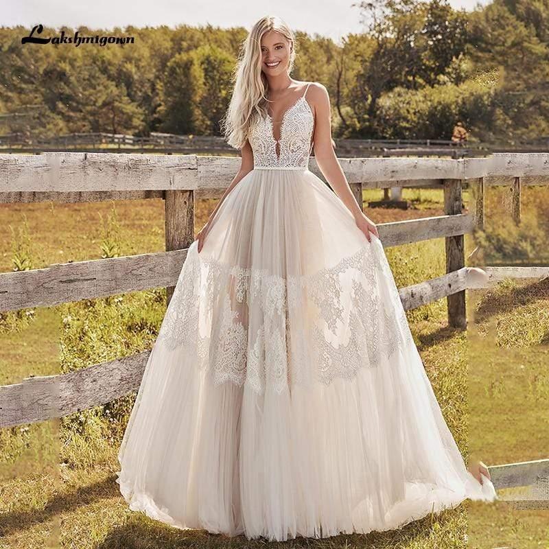 NumberSea Beach Lace A Line Wedding Dresses with Spaghetti Straps Backless