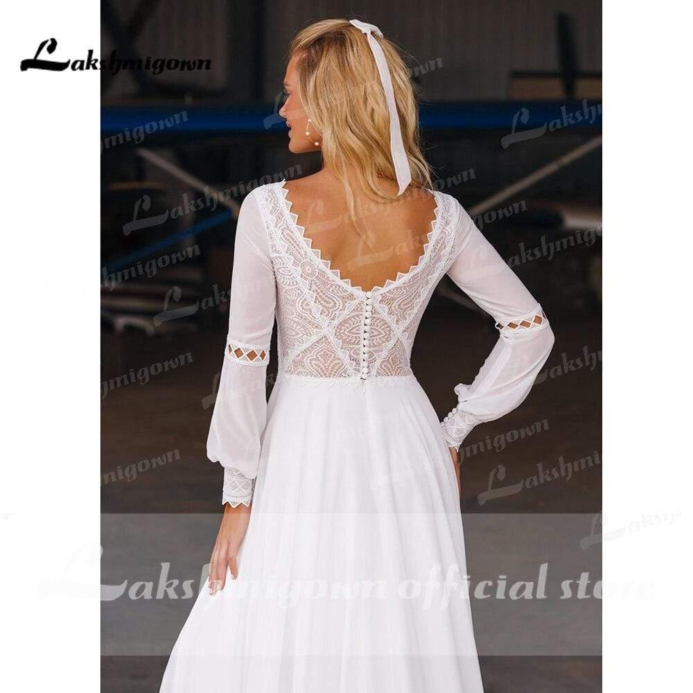 NumberSea Beach Long Sleeve Chiffon Lace Wedding Dresses