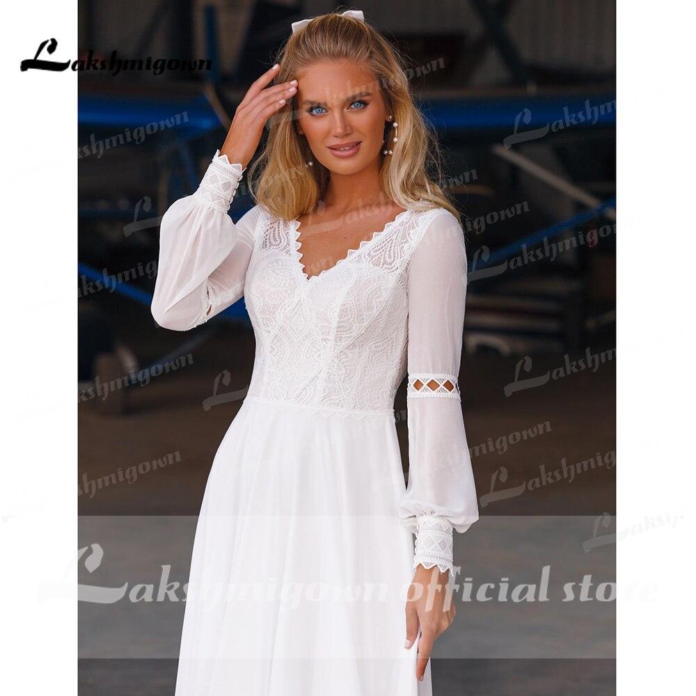 NumberSea Beach Long Sleeve Chiffon Lace Wedding Dresses