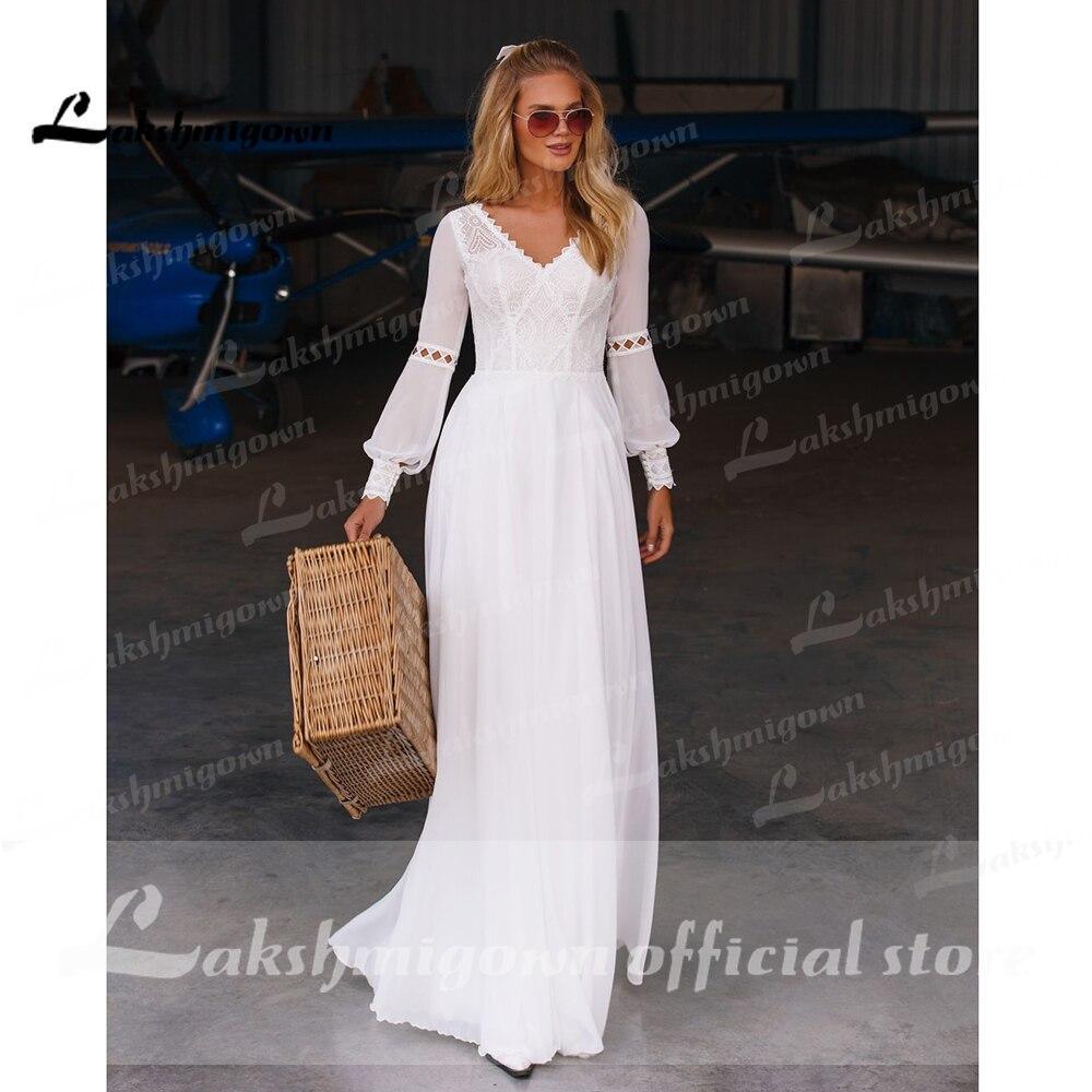 NumberSea Beach Long Sleeve Chiffon Lace Wedding Dresses