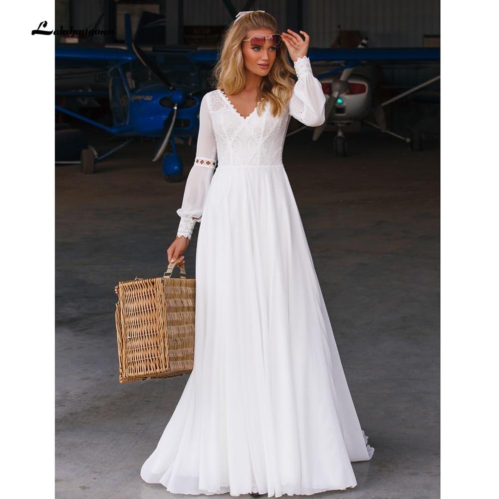 NumberSea Beach Long Sleeve Chiffon Lace Wedding Dresses