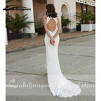 NumberSea Beach Sleeveless V Neck Lace Satin Backless Wedding Dresses