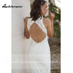 NumberSea Beach Sleeveless V Neck Lace Satin Backless Wedding Dresses