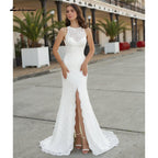 NumberSea Beach Sleeveless V Neck Lace Satin Backless Wedding Dresses