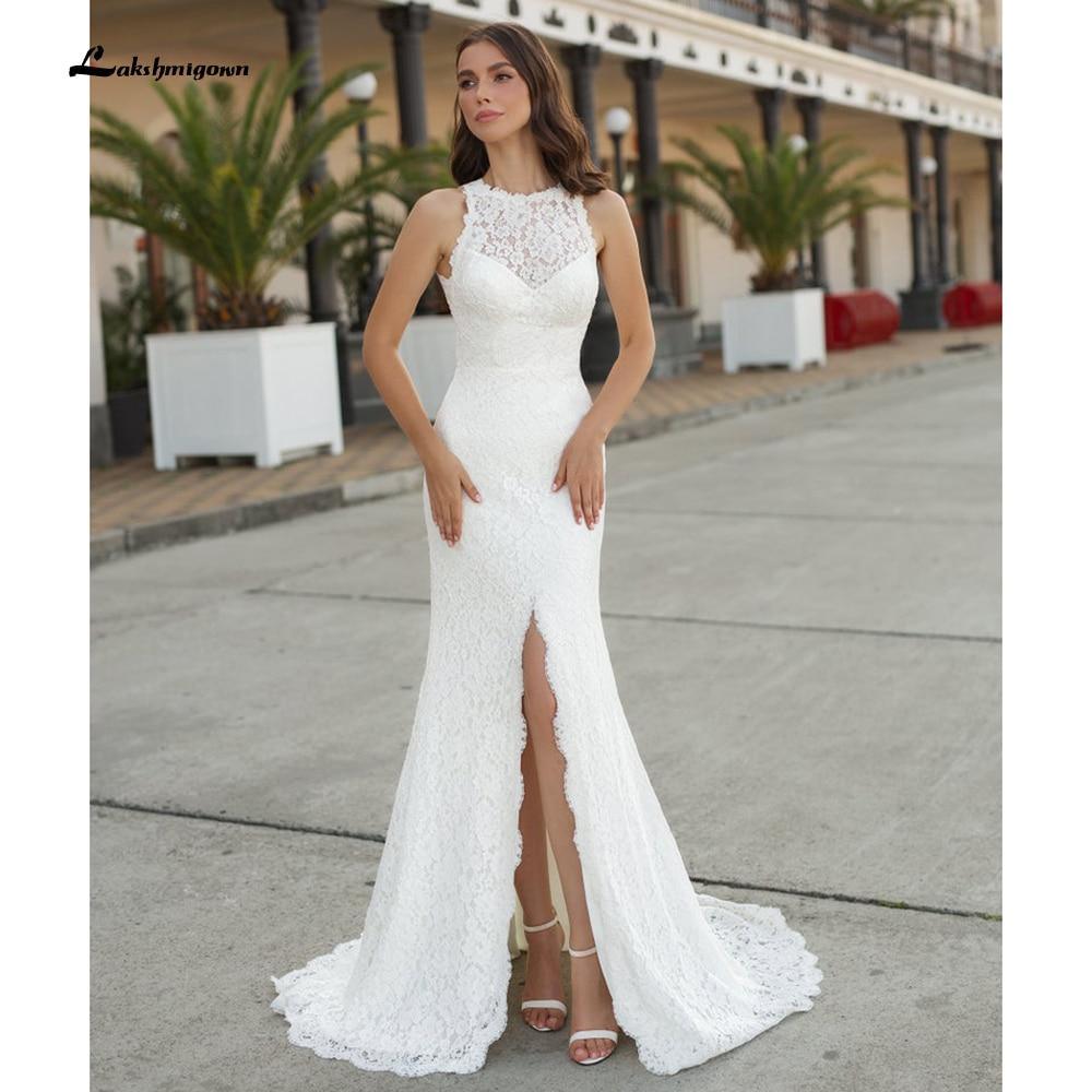 NumberSea Beach Sleeveless V Neck Lace Satin Backless Wedding Dresses