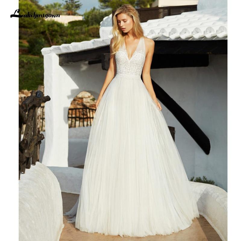 NumberSea Beach Wedding Dresses Deep V Neck Bridal Gowns Bohomian Floor Length