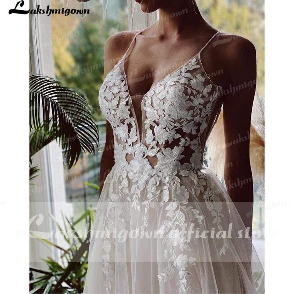 NumberSea Beach Wedding Dresses Tulle Long Lace Beach Bridal Gown