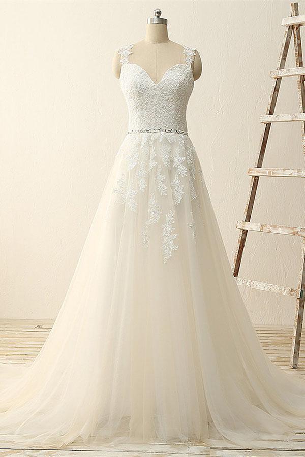 NumberSea Beautiful A Line Ivory Lace Modest Handmade V-Neck Wedding Dresses with Appliques, MW110