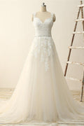 NumberSea Beautiful A Line Ivory Lace Modest Handmade V-Neck Wedding Dresses with Appliques, MW110