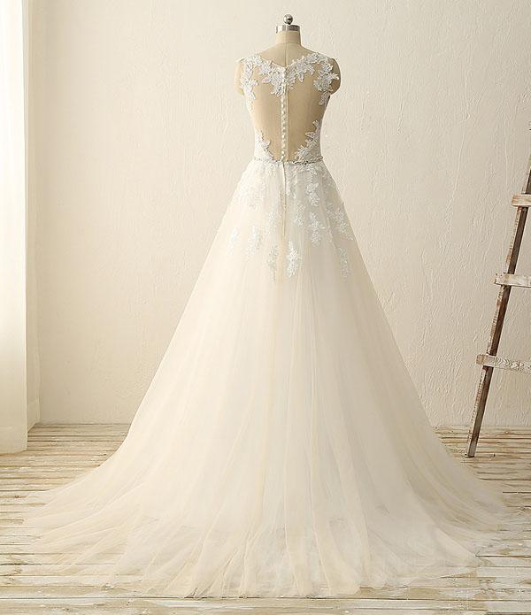 NumberSea Beautiful A Line Ivory Lace Modest Handmade V-Neck Wedding Dresses with Appliques, MW110