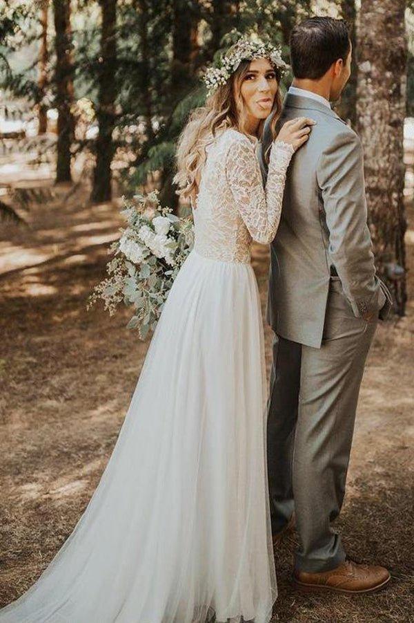 NumberSea Beautiful A-line Tulle Lace Long Sleeves Wedding Dresses, Bridal Gowns, MW590