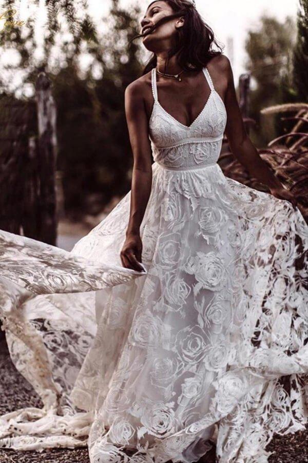 NumberSea Beautiful A-line V-neck Lace Straps Long Wedding Dresses, Bridal Dress, MW523