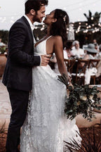 NumberSea Beautiful A-line V-neck Lace Straps Long Wedding Dresses, Bridal Dress, MW523