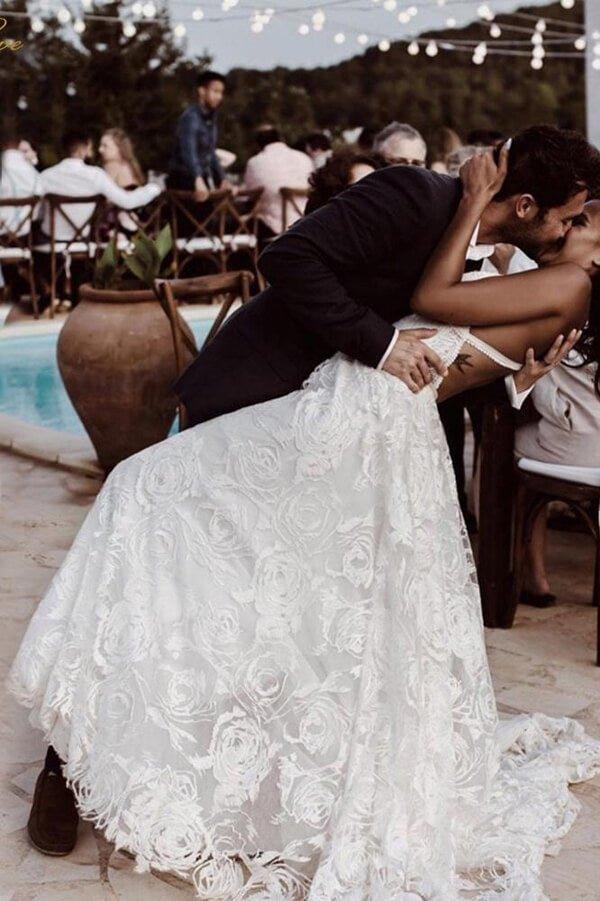 NumberSea Beautiful A-line V-neck Lace Straps Long Wedding Dresses, Bridal Dress, MW523