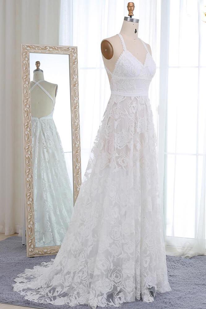 NumberSea Beautiful A-line V-neck Lace Straps Long Wedding Dresses, Bridal Dress, MW523