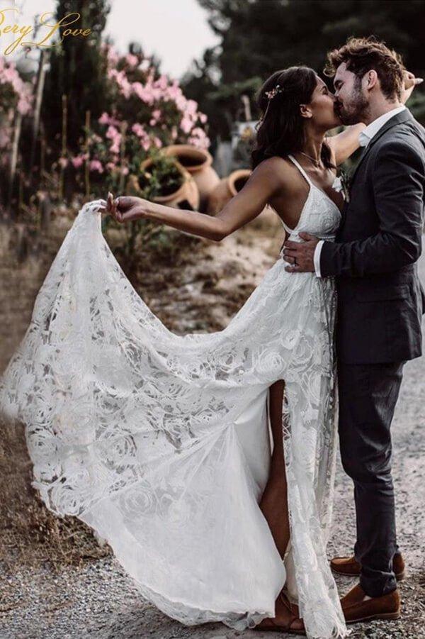 NumberSea Beautiful A-line V-neck Lace Straps Long Wedding Dresses, Bridal Dress, MW523