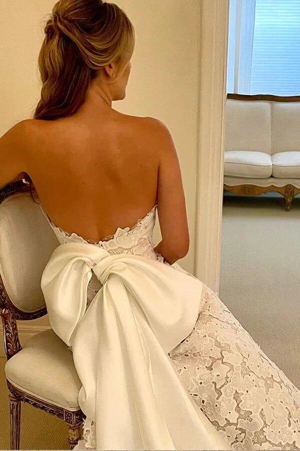 NumberSea Beautiful Ivory Lace A-line Strapless Boho Wedding Dresses With Bowtie, MW866