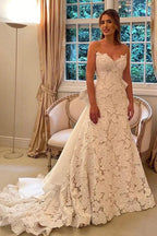NumberSea Beautiful Ivory Lace A-line Strapless Boho Wedding Dresses With Bowtie, MW866