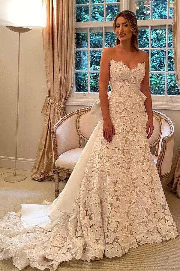 NumberSea Beautiful Ivory Lace A-line Strapless Boho Wedding Dresses With Bowtie, MW866