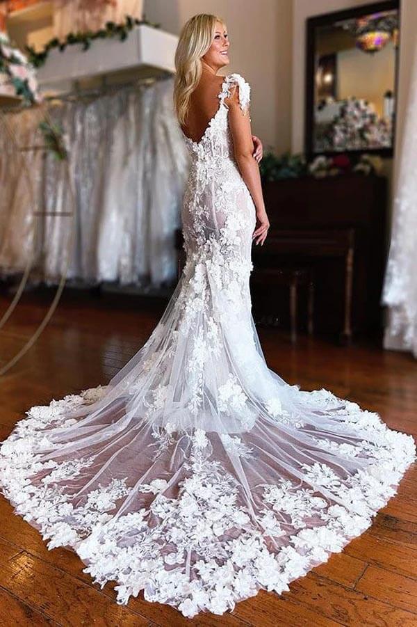 NumberSea Beautiful Lace Mermaid 3D Flowers Boho Wedding Dresses With Slit, MW1006