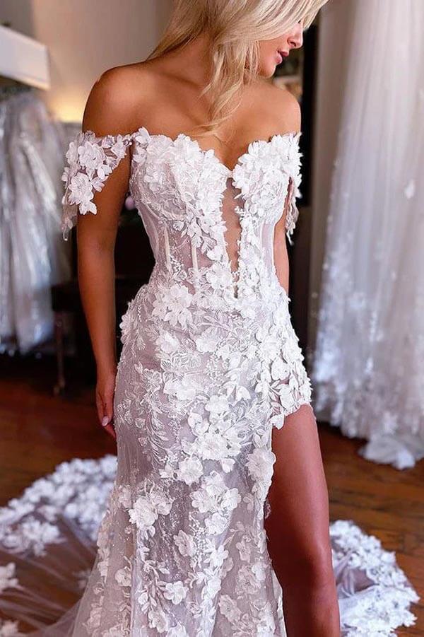 NumberSea Beautiful Lace Mermaid 3D Flowers Boho Wedding Dresses With Slit, MW1006