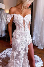 NumberSea Beautiful Lace Mermaid 3D Flowers Boho Wedding Dresses With Slit, MW1006