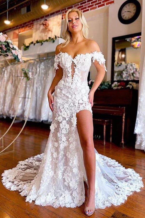 NumberSea Beautiful Lace Mermaid 3D Flowers Boho Wedding Dresses With Slit, MW1006