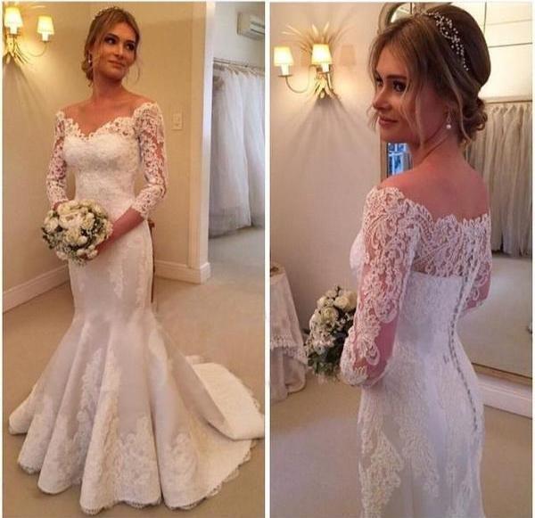 NumberSea Beautiful Lace Mermaid V-Neck 3/4 Sleeves Ball Gowns Wedding Dresses, MW163