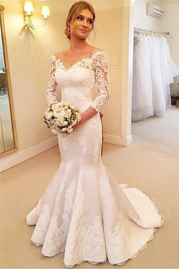 NumberSea Beautiful Lace Mermaid V-Neck 3/4 Sleeves Ball Gowns Wedding Dresses, MW163