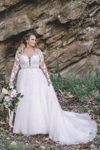 NumberSea Beautiful Lace Plus Size A-line Long Sleeves Wedding Dress, Bridal Gown, MW538