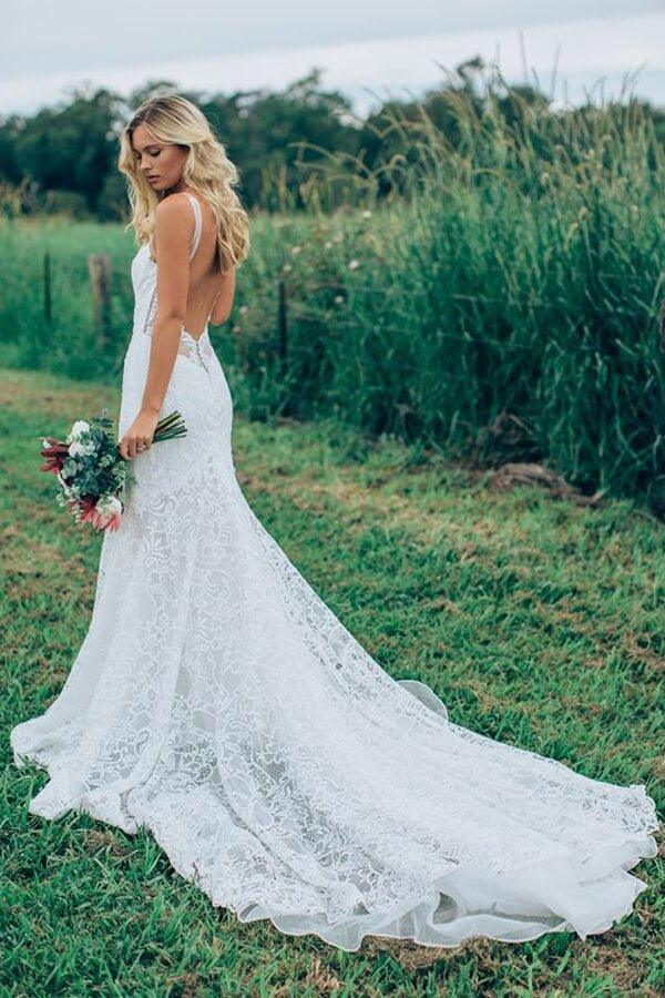 NumberSea Beautiful Lace Sheath V Neck Wedding Dress, Bridal Dress With Train, MW528