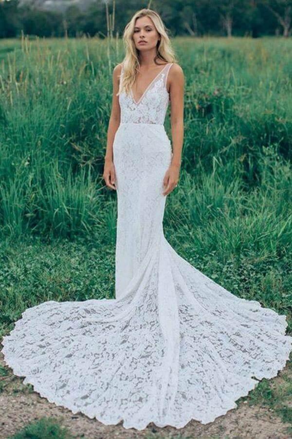 NumberSea Beautiful Lace Sheath V Neck Wedding Dress, Bridal Dress With Train, MW528