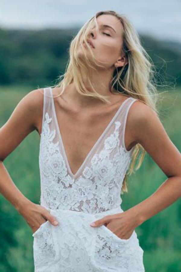 NumberSea Beautiful Lace Sheath V Neck Wedding Dress, Bridal Dress With Train, MW528