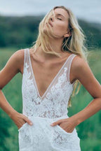 NumberSea Beautiful Lace Sheath V Neck Wedding Dress, Bridal Dress With Train, MW528