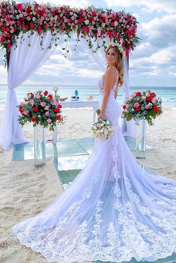 NumberSea Beautiful Mermaid Tulle Spaghetti Straps Lace Appliques Wedding Dress, MW908