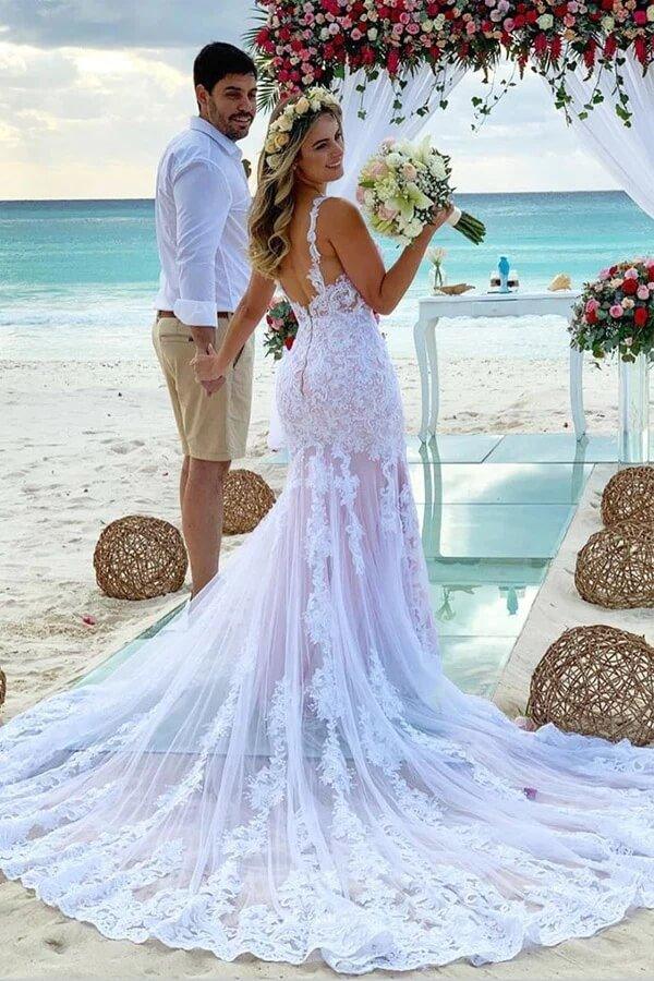 NumberSea Beautiful Mermaid Tulle Spaghetti Straps Lace Appliques Wedding Dress, MW908