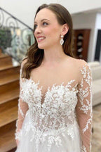 NumberSea Beautiful Tulle A-line Long Sleeves Wedding Dresses With Lace Appliques, MW823