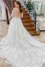 NumberSea Beautiful Tulle A-line Long Sleeves Wedding Dresses With Lace Appliques, MW823