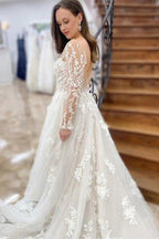NumberSea Beautiful Tulle A-line Long Sleeves Wedding Dresses With Lace Appliques, MW823